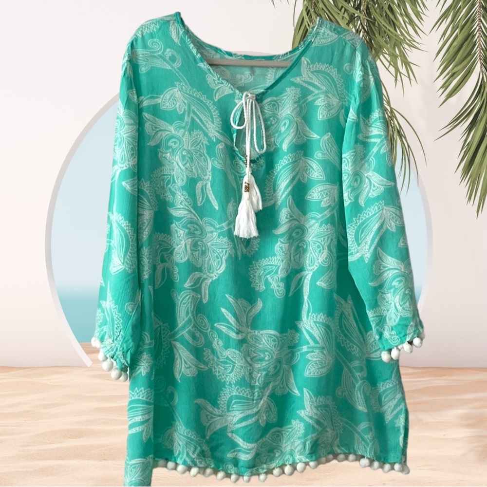 PRINCESS CRUISES Aqua/White Crinkly Paisley Pom Trimmed Swim Coverup, Size XL.